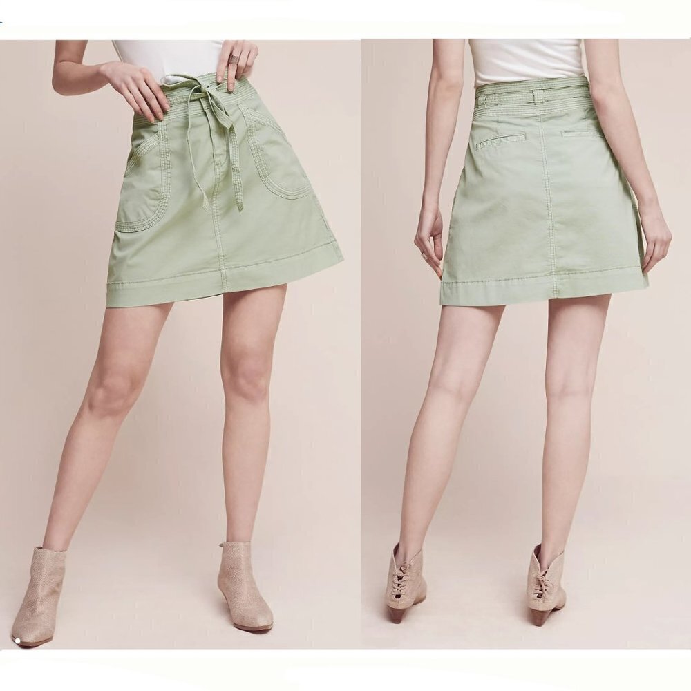 Anthro Pilcro & the Letterpress Washed Chino Light Green A-Line Mini Skirt‎ Sz 8